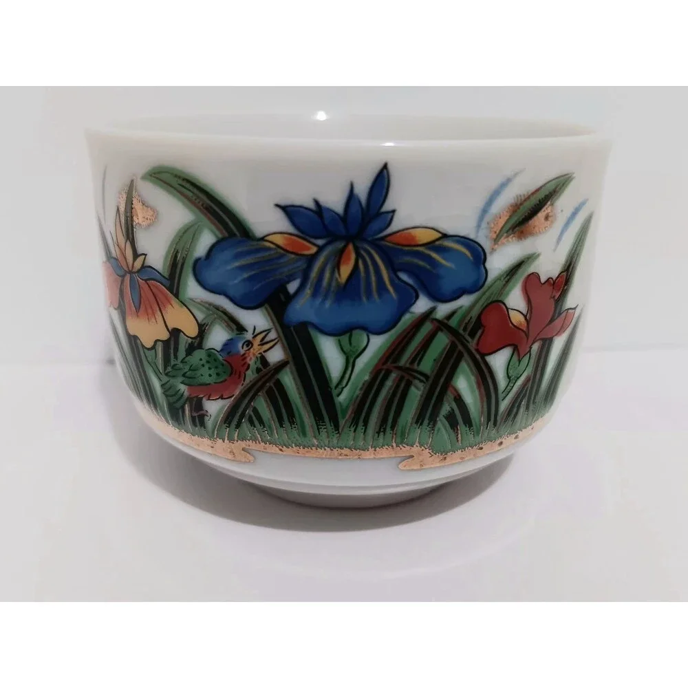 Japanese Porcelain  Yunomi Tea Cup Irises  Floral Design 2